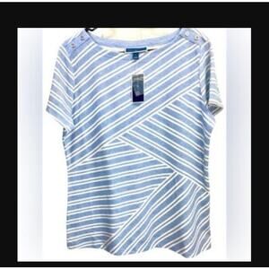 Karen Scott NWT Womens Asymmetrical Stripe Light Blue Heather Shirt Petite Small
